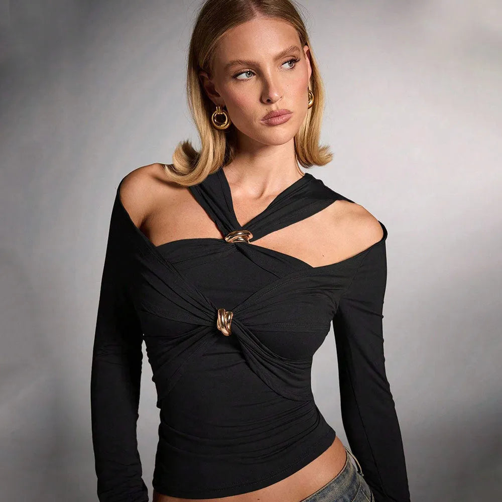 Black women's halter top with long sleeves in a slim fit.