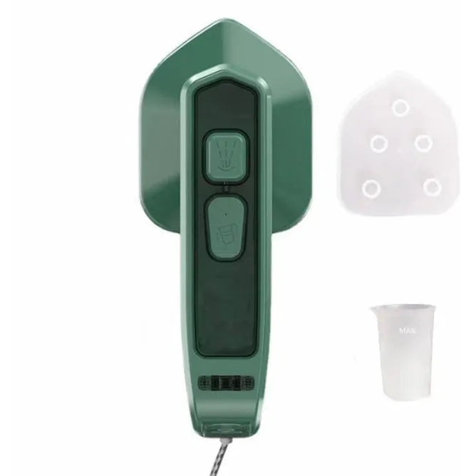 Dark green portable hand-held hanging steam ironing machine with a ceramic panel, shown with a power plug.