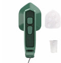 Dark green portable hand-held hanging steam ironing machine with a ceramic panel, shown with a power plug.