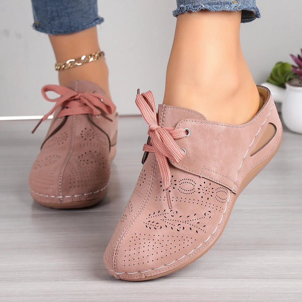 Women's lace-up wedge slippers with hollow-out suede upper and rubber sole