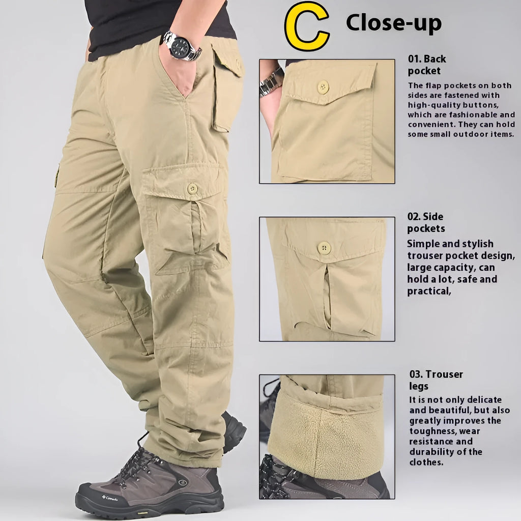 Men's loose-fit cotton velvet overalls with wool lining, shown in khaki colour.