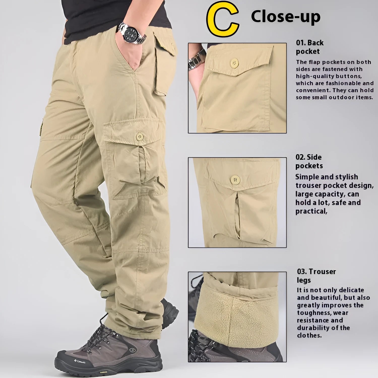 Men's loose-fit cotton velvet overalls with wool lining, shown in khaki colour.