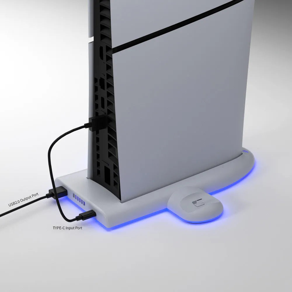 White PS5 Slim multi-function charging base with cooler pad fan, fixed charger belt, and RGB ambient lights.