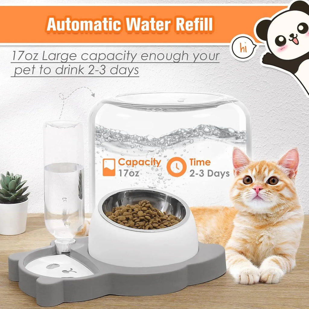 Grey panda-shaped automatic water bowl for cats with tilted feeding design and 17 oz water bottle
