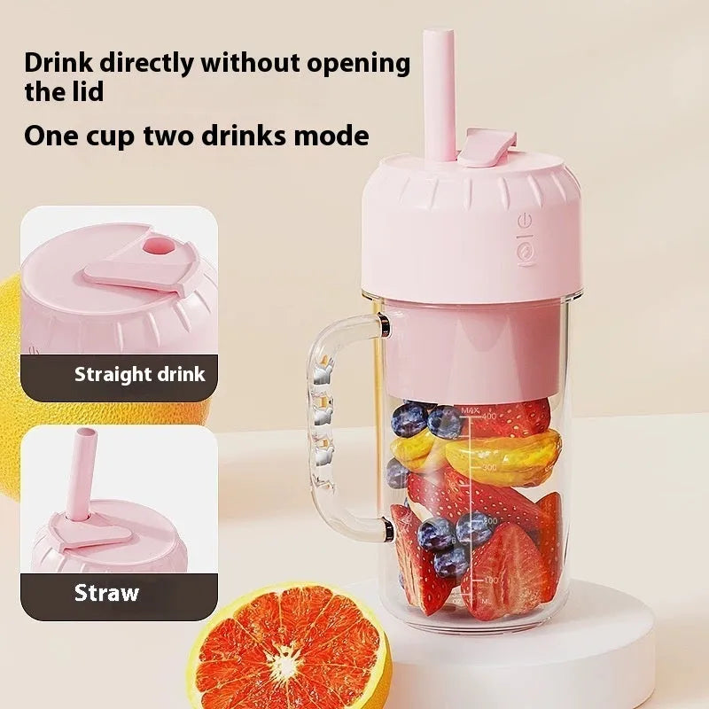 Household multifunction juicer with USB charging in cherry blossom pink or avocado green colours