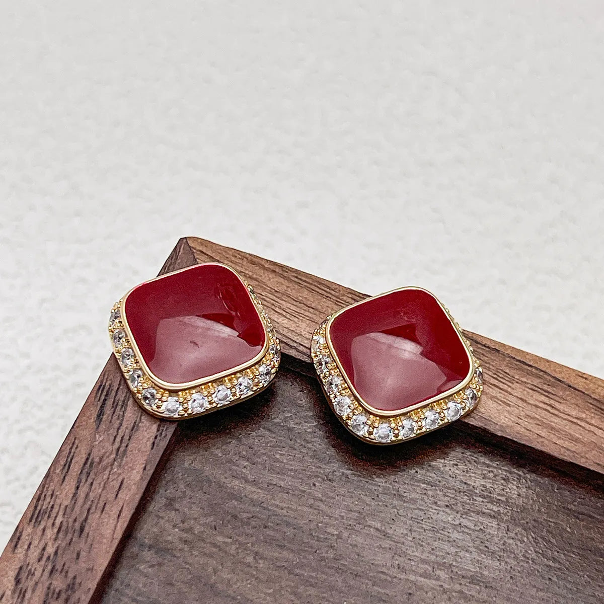 Retro red square geometric alloy earrings with seiko process finish