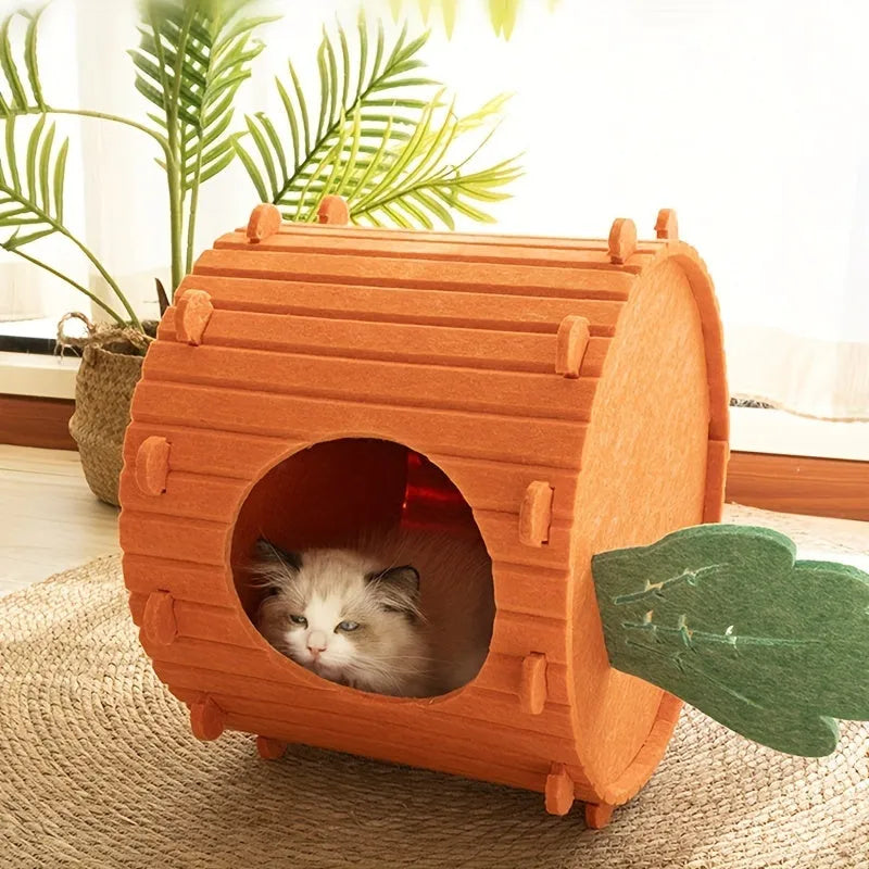 Carrot-shaped felt cat nest and tunnel cattery in semi-enclosed design