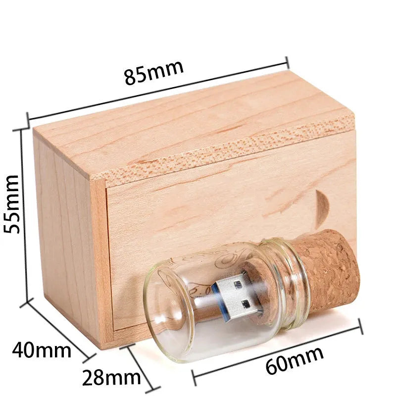 Chocolate brown wooden USB flash drive with drift bottle design showing custom engraving option