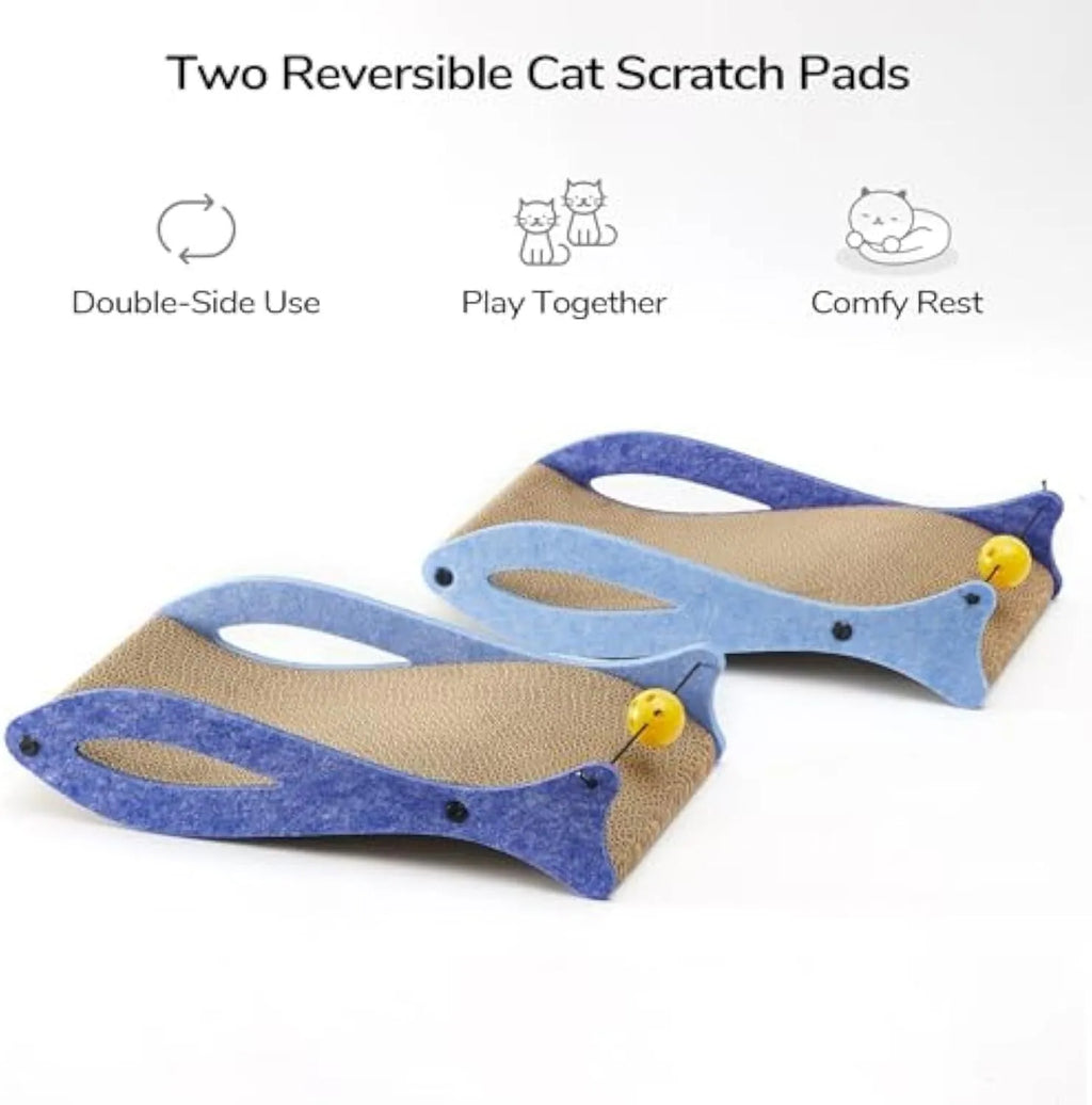 Blue fish-shaped cat scratcher with bell balls on elastic cord, corrugated cardboard construction