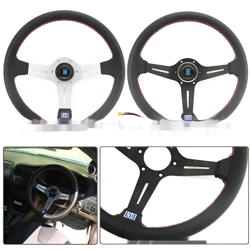 Leather 14-inch middle concave steering wheel with black or silver skeleton frame