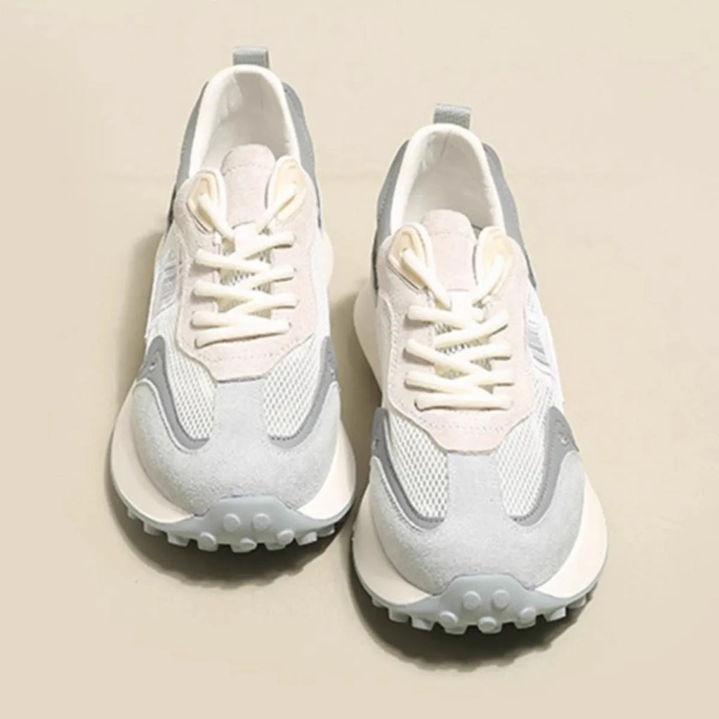 Women's grey and pink low-top retro sneakers with round toe and flat rubber sole