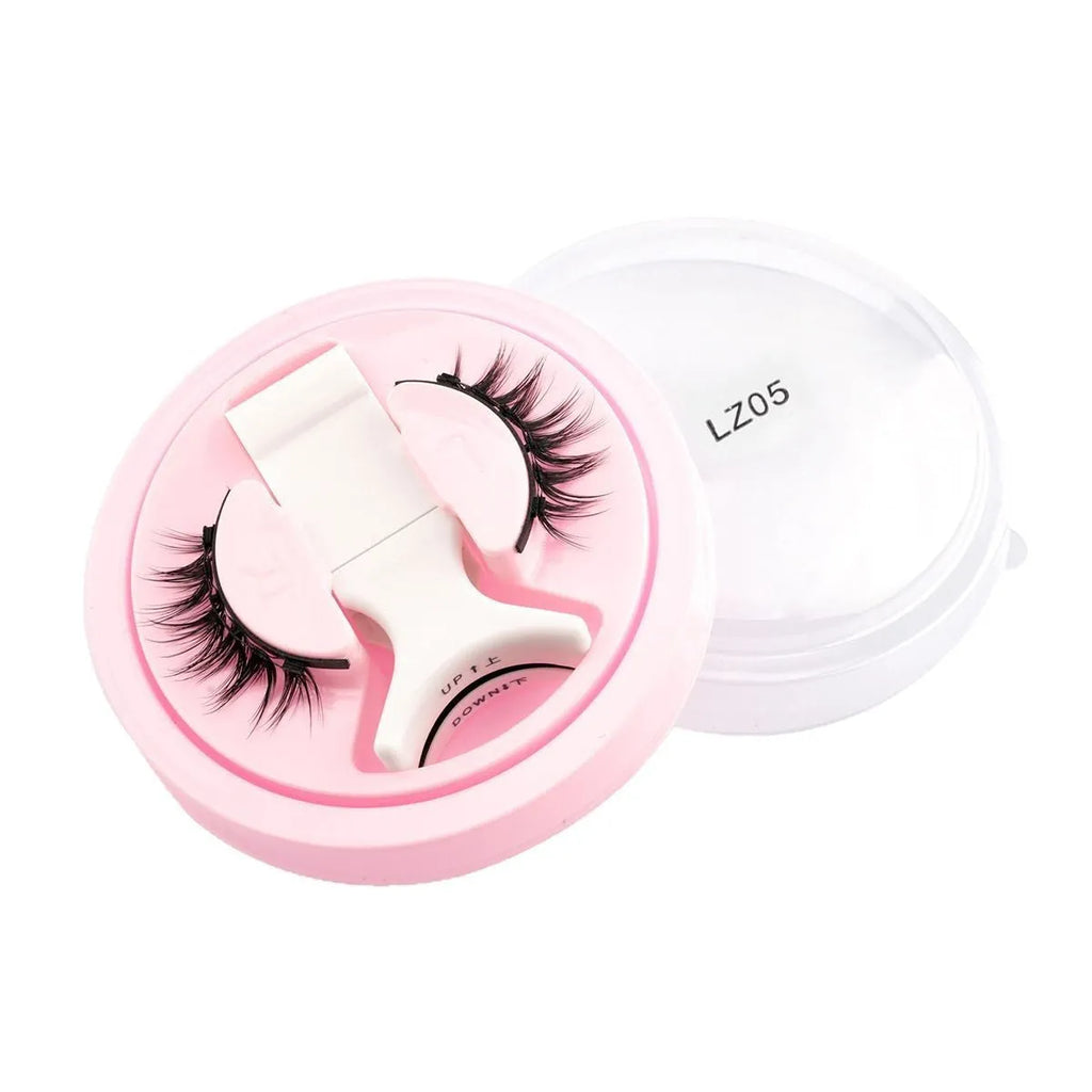 Set of reusable waterproof false eyelashes with artificial fibre strands, shown in five size options.