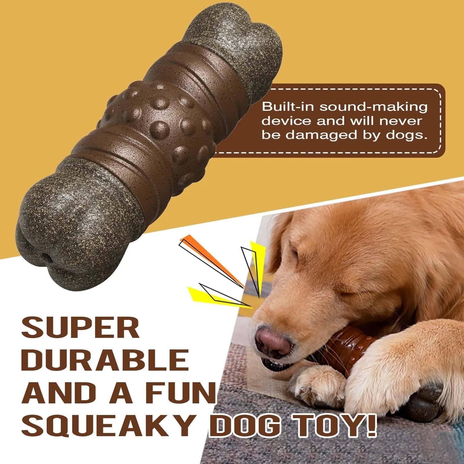Wood colour plastic dog toothbrush toy with bone shape and extended molar rod for dental care