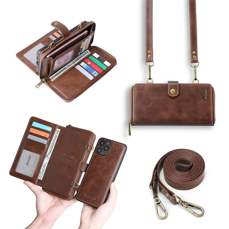Black detachable magnetic wallet phone case shown open, compatible with Samsung and Apple phones.