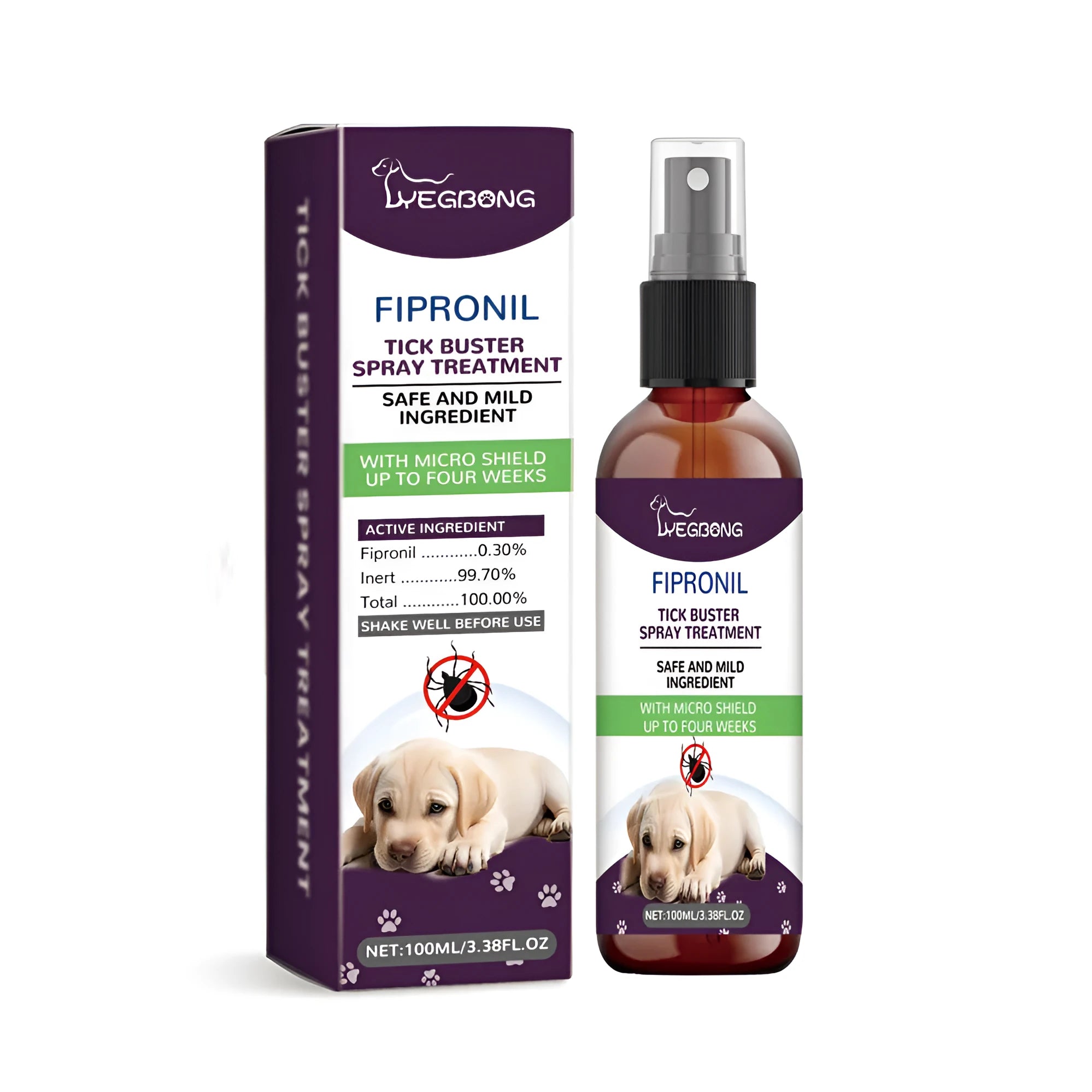100ml pet pest spray bottle with fipronil and botanical extracts measuring 3.7 by 14.5 cm