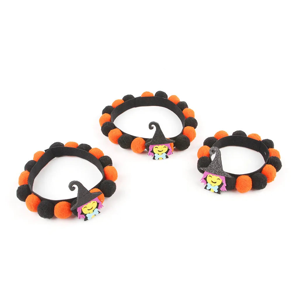 Halloween pet collar with fur ball decorations in pumpkin, skull, witch and bow designs