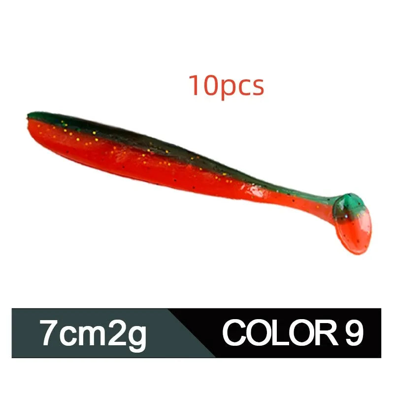 A 7cm long, two-tone T-tail soft worm fishing lure for mandarin fish and topmouth culter.