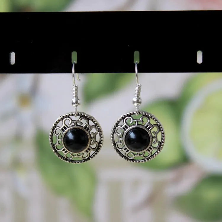 Handmade Miao silver turquoise earrings with geometric flower disk design and ethnic patterns in choice of colours