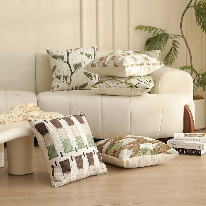 Square 45cm yarn-dyed Jacquard pillow cover with Nordic floral botanical pattern in multiple colour options.