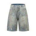 Blue cropped denim pants with straight-leg cut and zipper fly opening in street fashion style