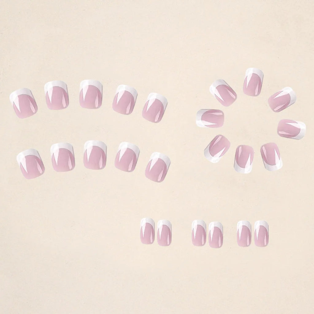 24 white plaid coffin-shaped press on nail tips with French tip design
