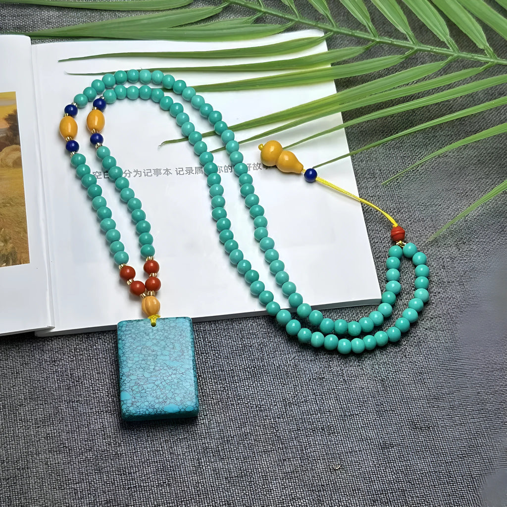 Turquoise stone mesh flower lucky pendant necklace with adjustable ball bead chain