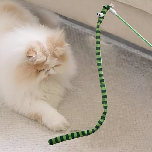 Cat wand toy with polycarbonate pole and plush strip in bright colours for interactive play