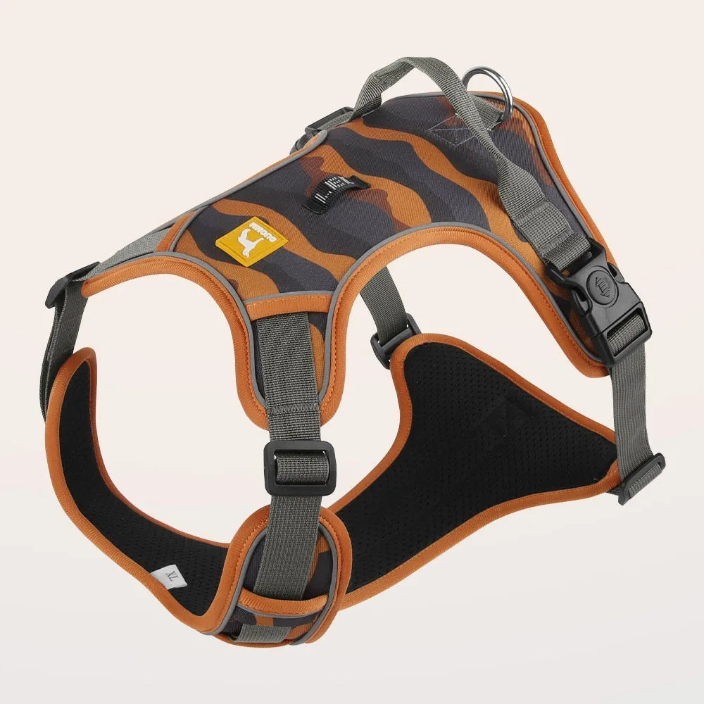 Orange Oxford cloth dog harness with reflective hand-holding rope on a dog's chest and back.