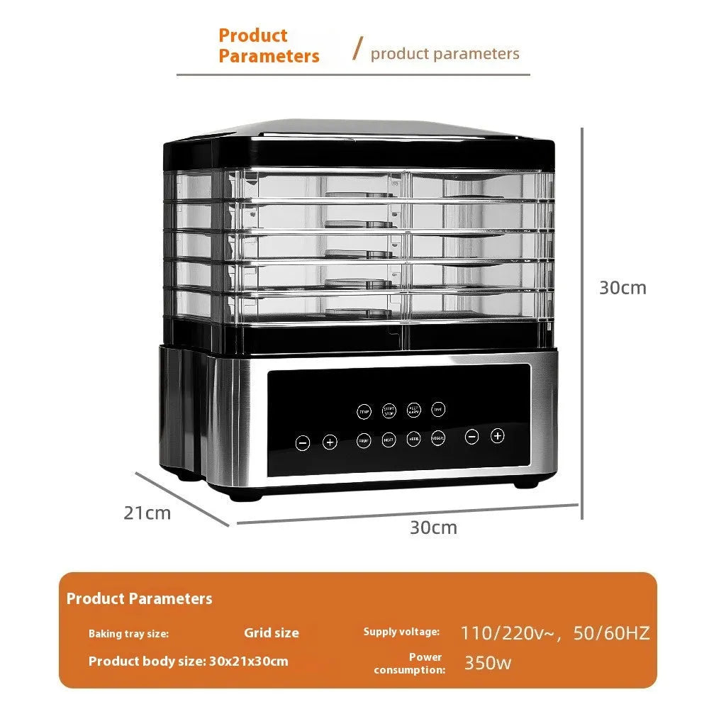 Silver stainless steel fruit dehydrator with 14L capacity and temperature control dial