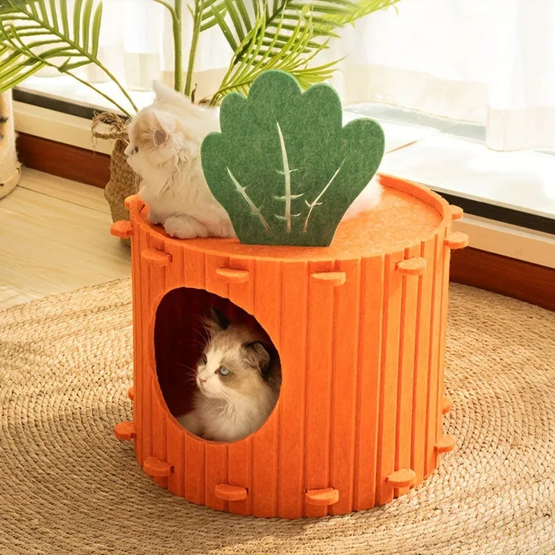 Carrot-shaped felt cat nest and tunnel cattery in semi-enclosed design