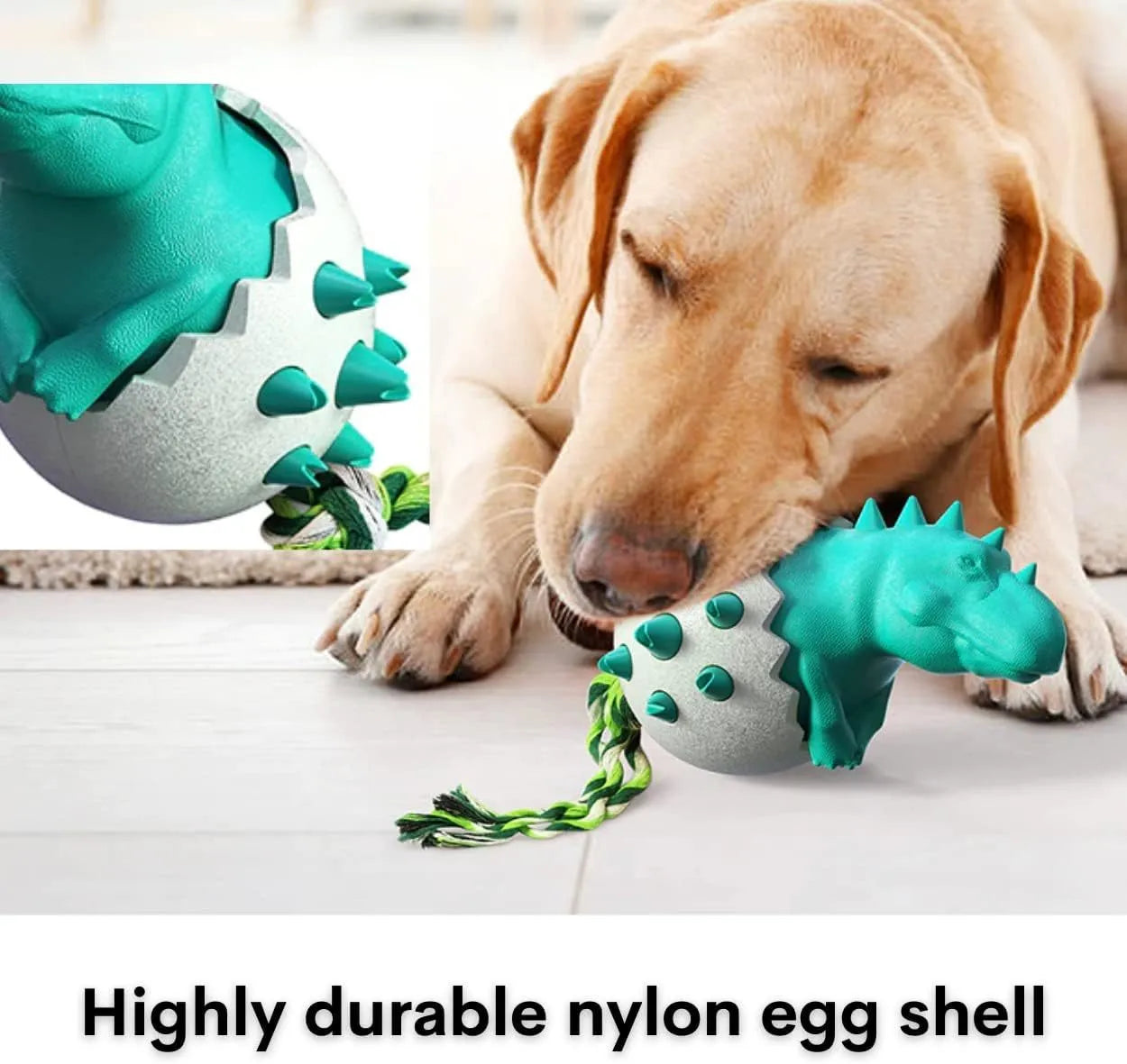 Blue durable rubber dinosaur dog chew toy with rope for aggressive chewers