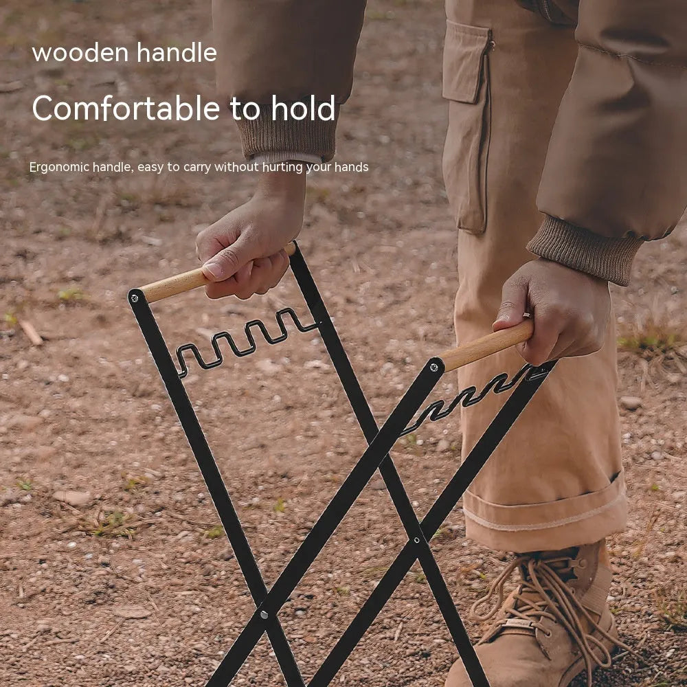 Black iron folding trash storage rack with wooden carrying handles