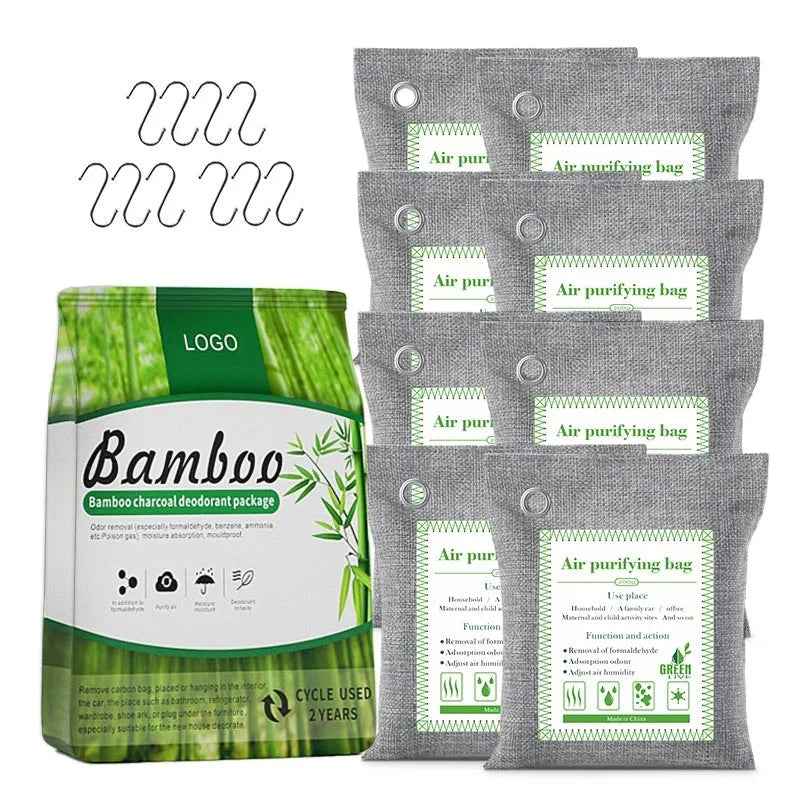 Sewing-style fabric sachets containing bamboo charcoal for air purification, shown in different sizes.