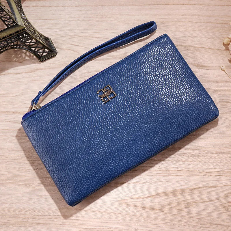 Long black PU leather phone wallet handbag with a zipper and sewing line detailing