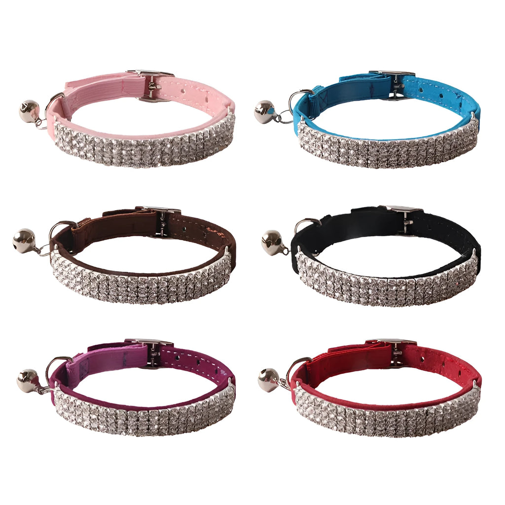 Flannel elastic buckle cat collar in six colour options showing gang drill pattern and dimensions