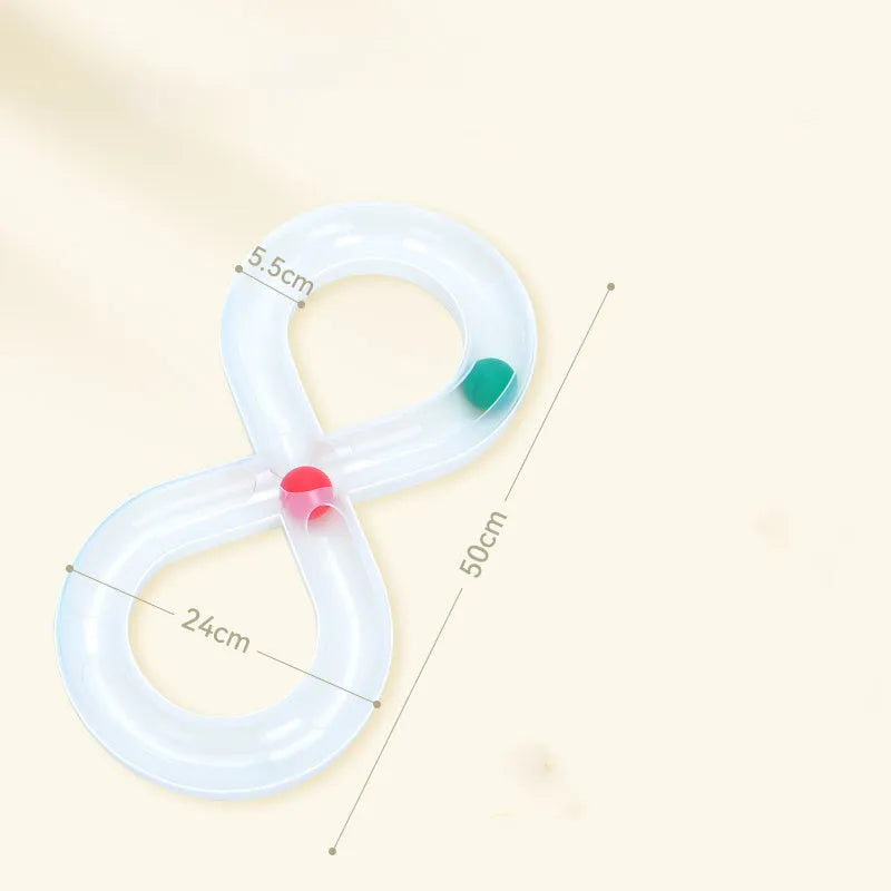 Blue and white circular cat turntable track with four spinning balls and teasing stick for feline play