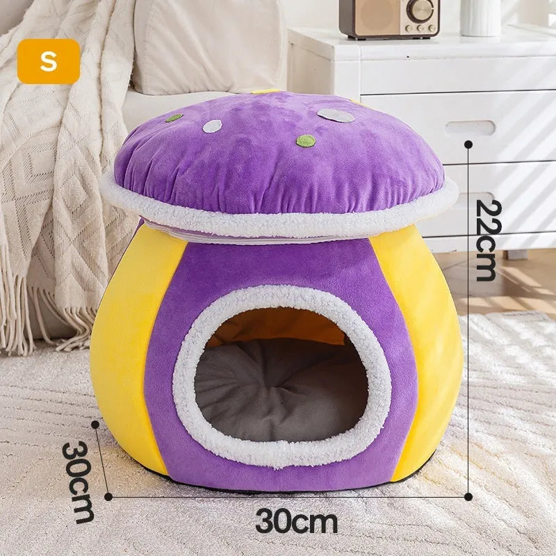 Grey plush mushroom-shaped cat nest with a detachable blanket, shown alongside pink and purple colour options.