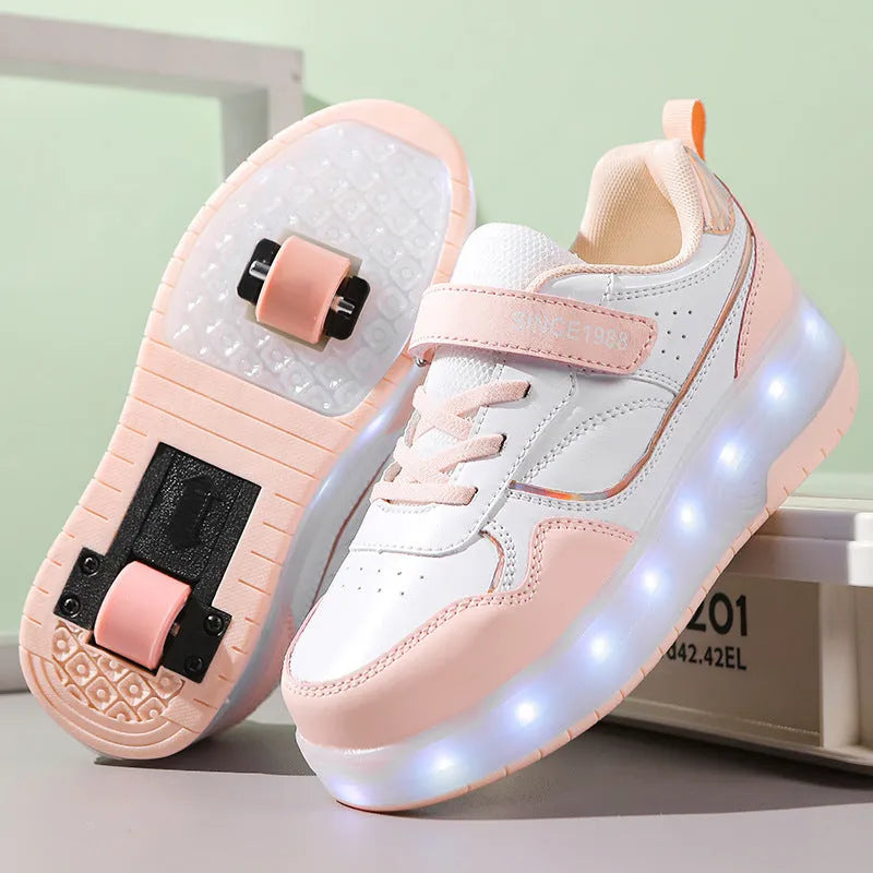 Charging LED roller skates for boys and girls in pink, showing two-wheel and four-wheel style options.