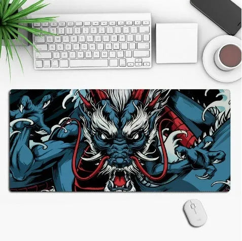 Anime-themed gaming mouse pad on a desk, showing non-slip rubber base and printed cloth surface.