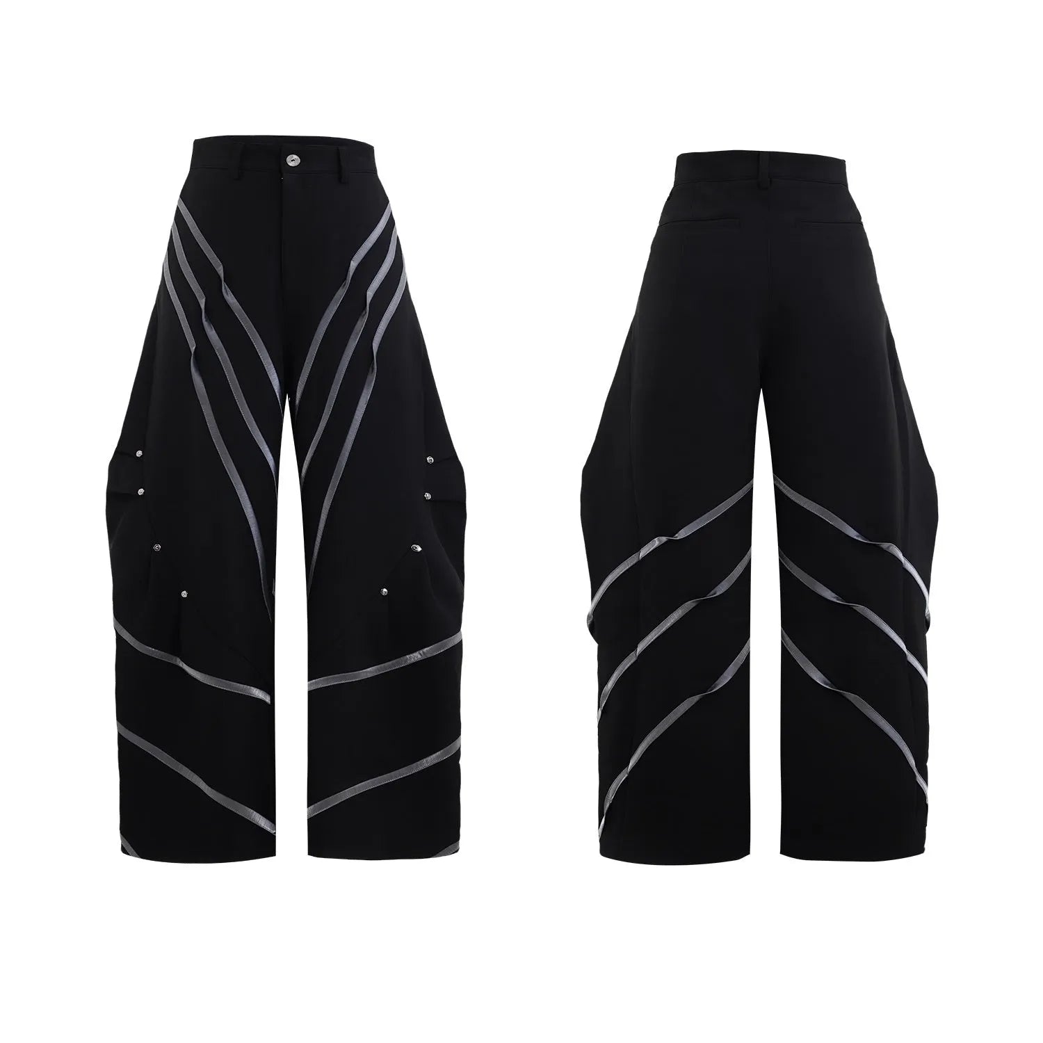 Men's three-dimensional cutting trousers with metal striped rivet pleats in black bottom colour