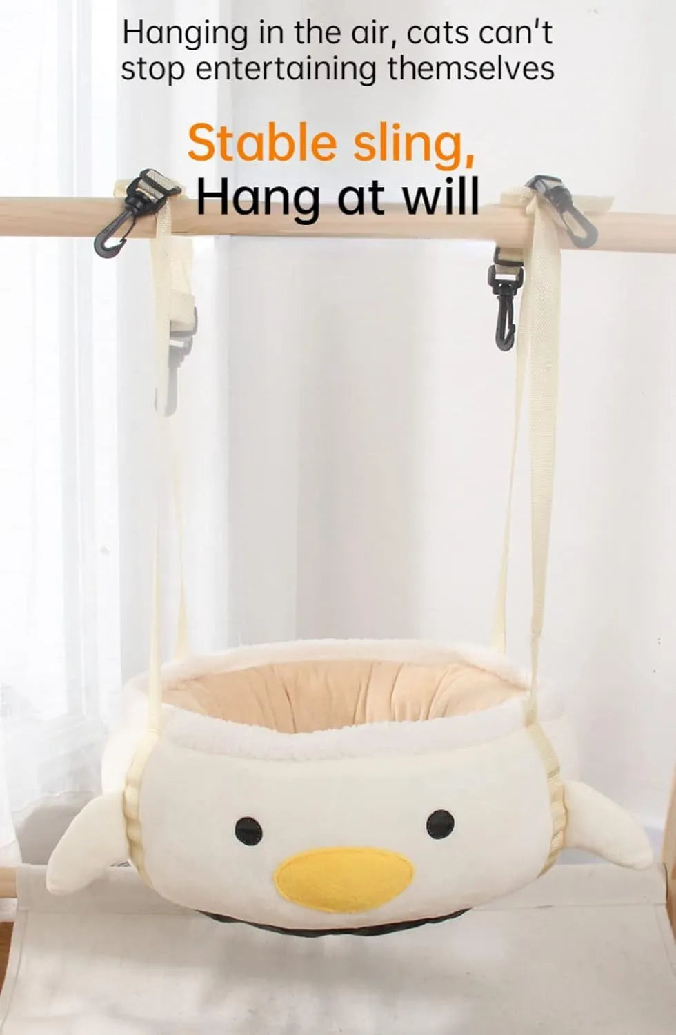 Green dinosaur and chick-shaped cat bed shown both flat as a sofa and hanging as a hammock for small pets.