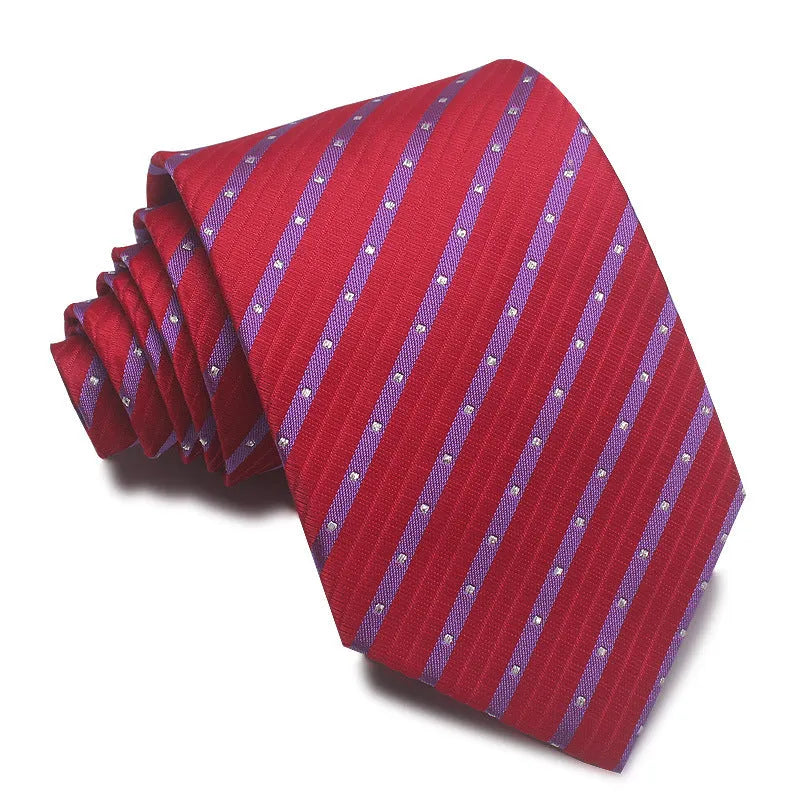 Men's red, black, and blue striped jacquard tie with an arrow shape and 8cm width.