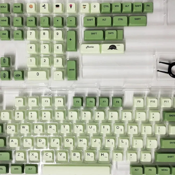 Matcha green PBT keycap set with 124 keys for mechanical keyboards, showing sublimation dye legends.