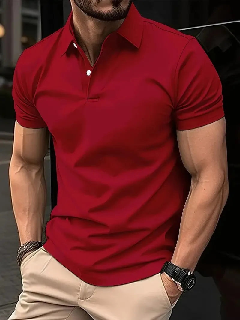 Men's slim fit casual short sleeve button-up shirt in a solid colour on a hanger.