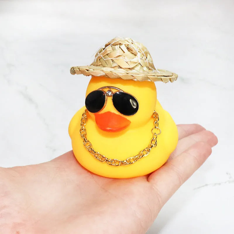 Yellow cartoon duck with straw hat car dashboard ornament with base glue and sunglasses accessory
