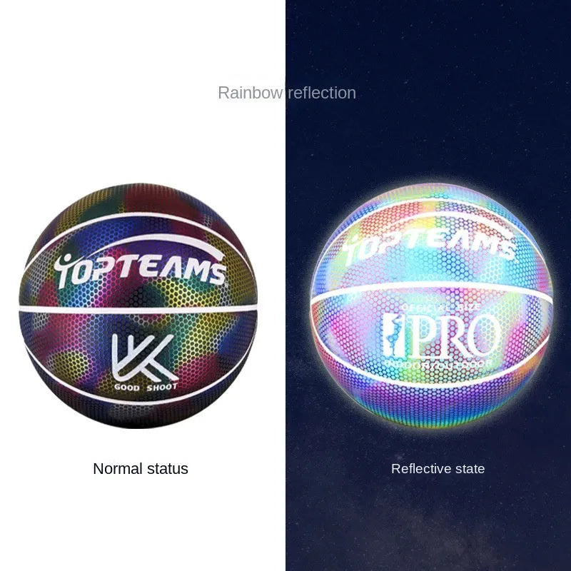Holographic reflective basketball with fluorescent coating showing size 7 dimensions and wear-resistant PU surface