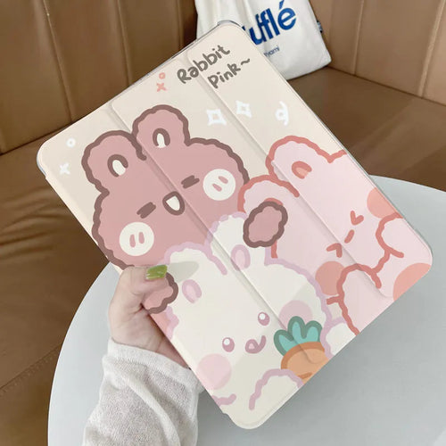 Rabbit cartoon design silicone flat tri-fold protective case for tablets