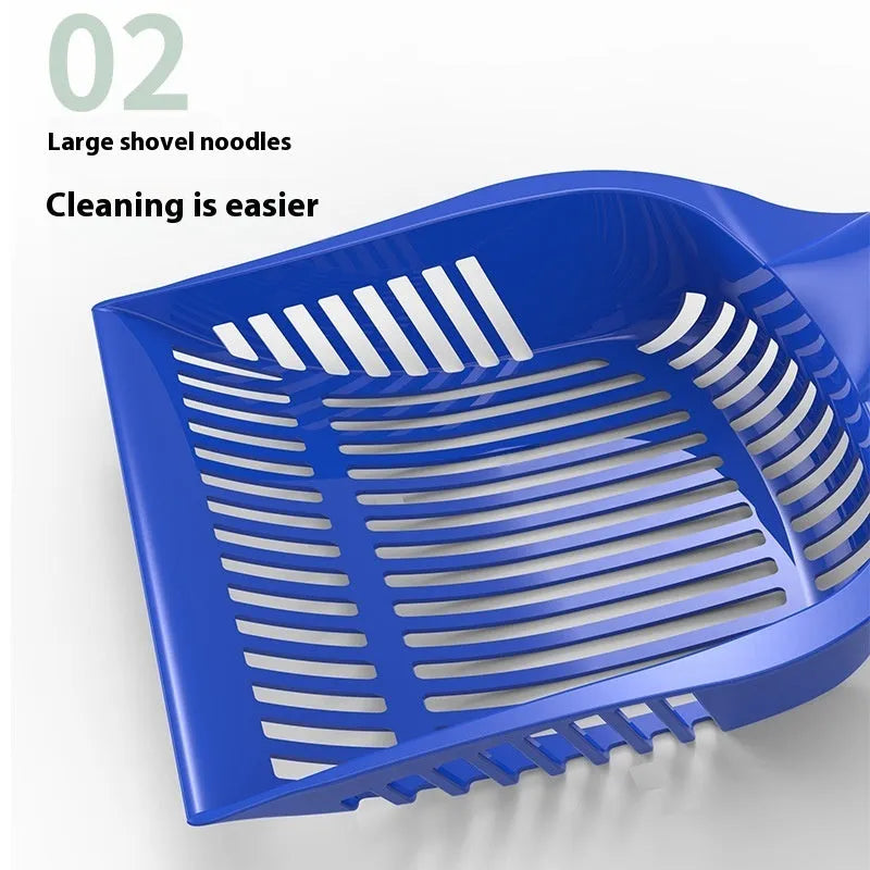 Plastic cat litter scoop with ergonomic handle in red, yellow, or blue colour options