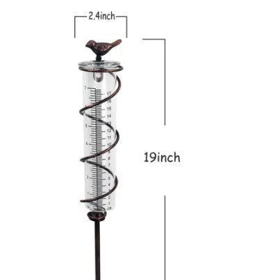 Traditional cast iron stand with bird-shaped glass rain gauge for garden precipitation measurement