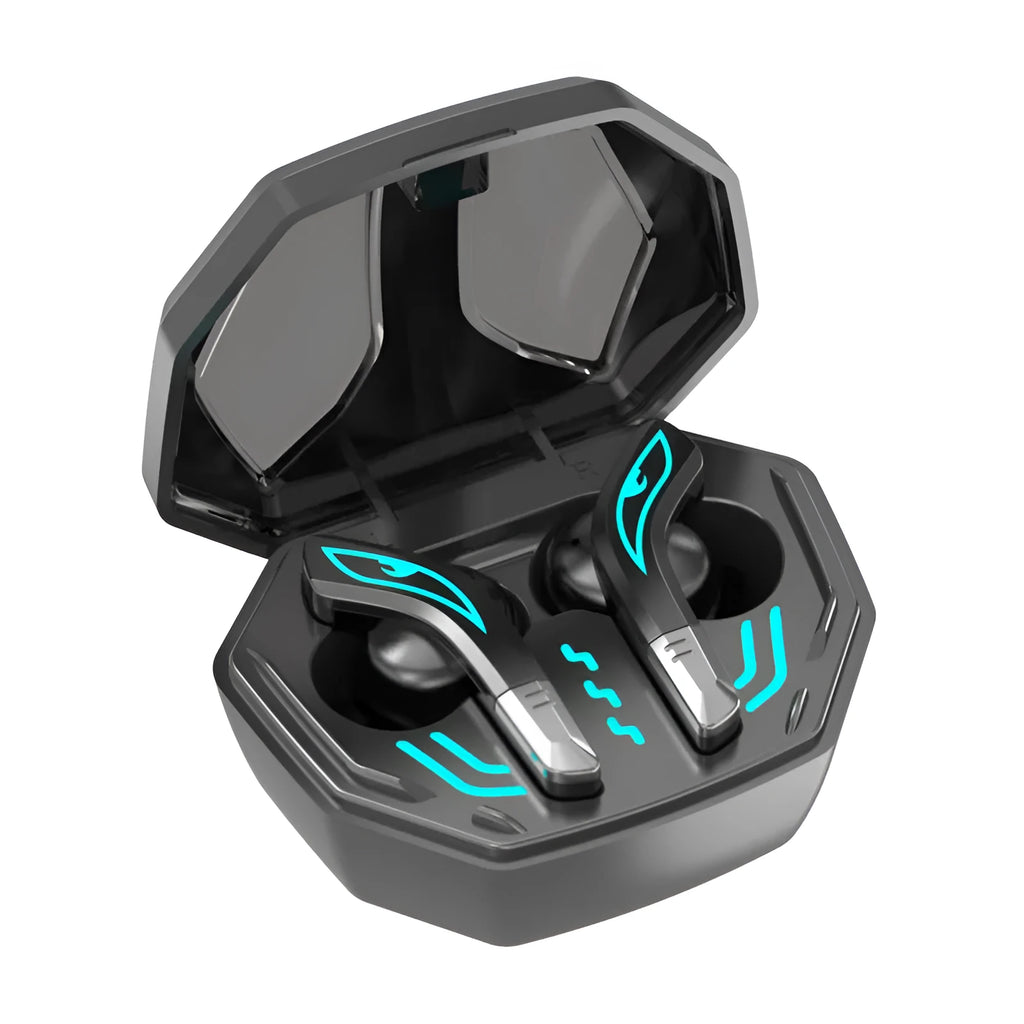 Black X15 wireless Bluetooth in-ear gaming headphones with charging case on a grey background.